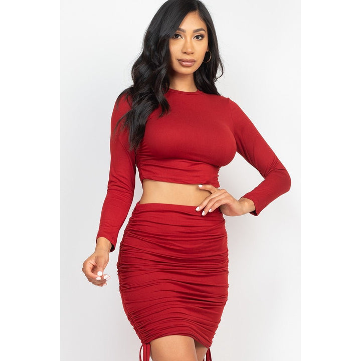 Ruched Side Crop Top and Drawstring Skirt Set Image 3