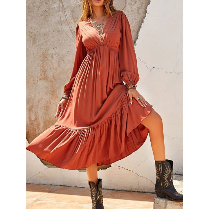 Ruched V-Neck Long Sleeve Midi Dress Image 2