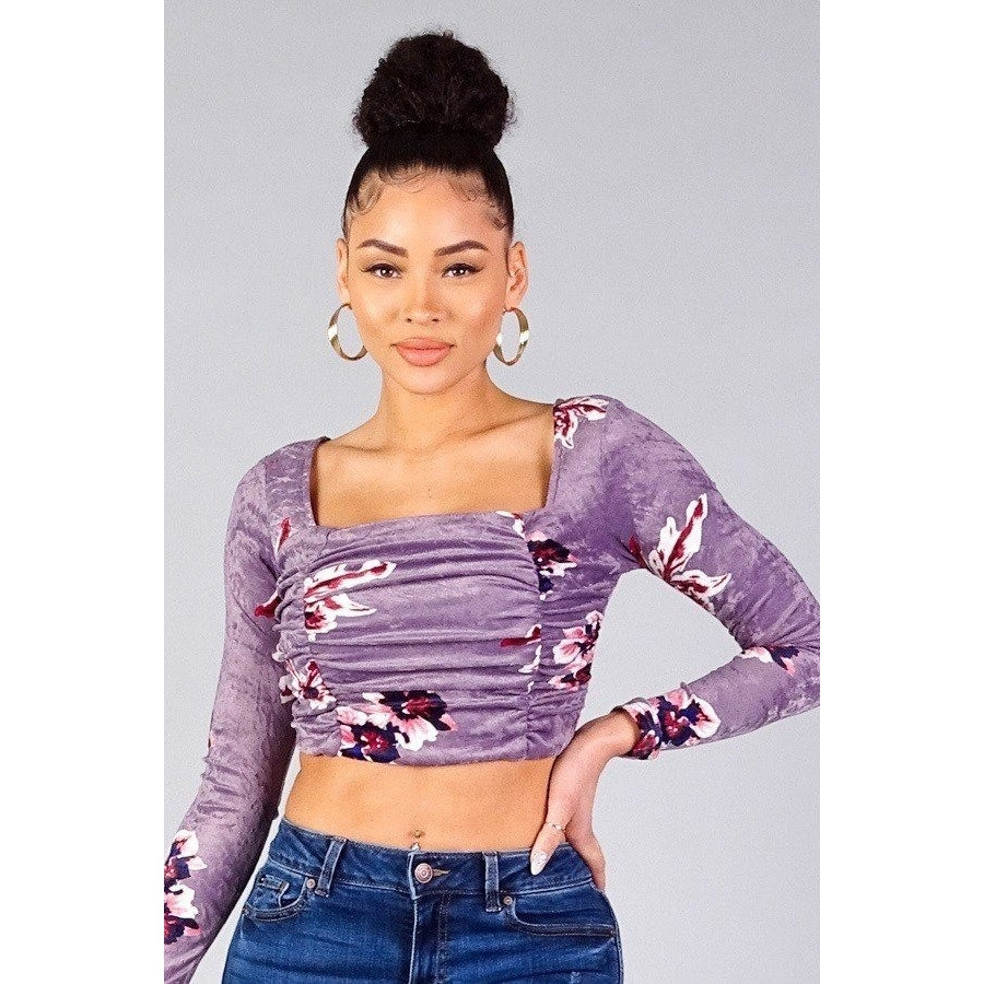 Ruched Velvet Floral Back Tie Crop Top Image 1