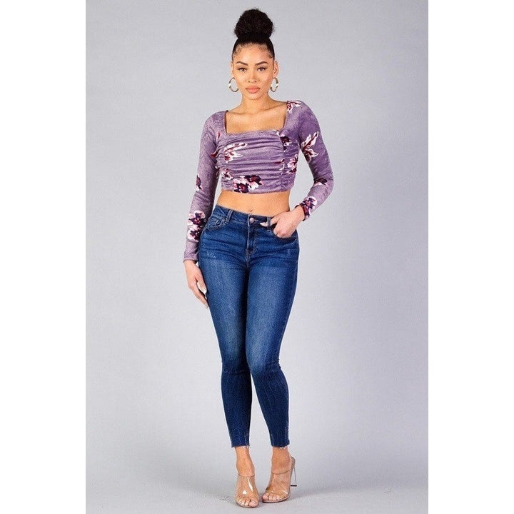 Ruched Velvet Floral Back Tie Crop Top Image 2