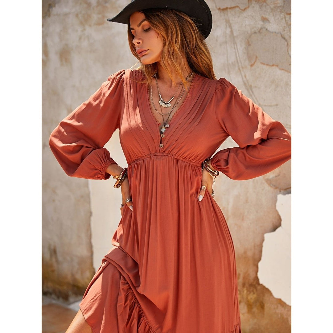 Ruched V-Neck Long Sleeve Midi Dress Image 4