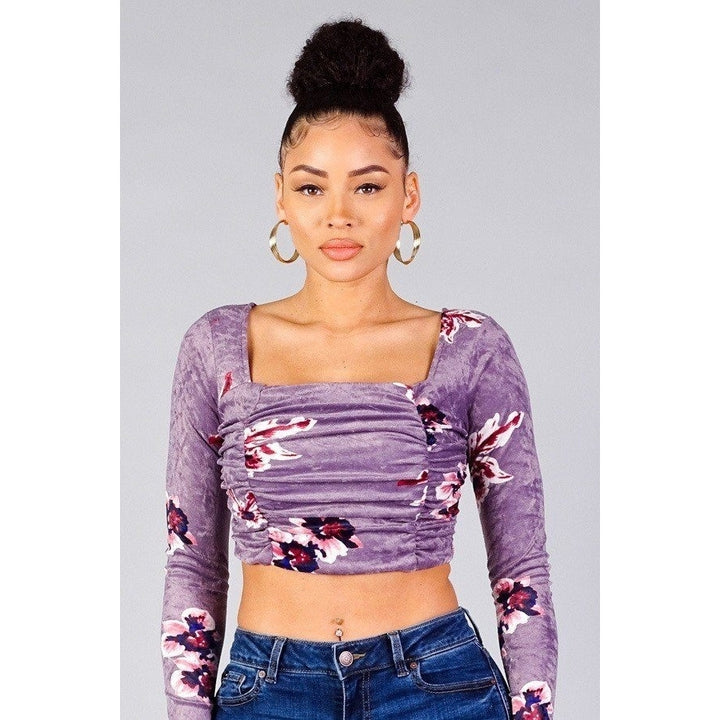 Ruched Velvet Floral Back Tie Crop Top Image 3