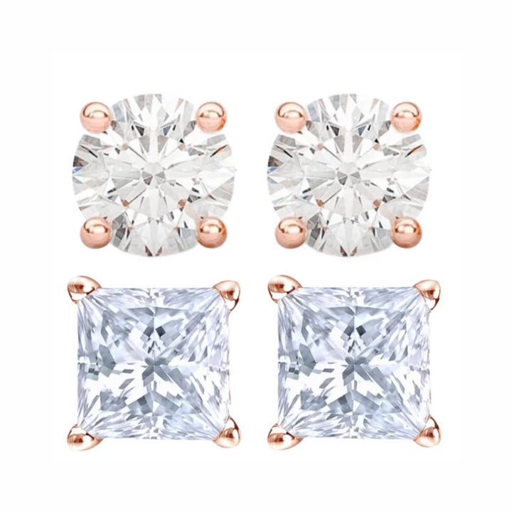 Paris Jewelry 14K Rose Solid Gold Created White Diamond 1/4Ct 1/2Ct 1Ct 2Ct 3Ct Round And Princess Stud Earrings 2 Pairs Image 1