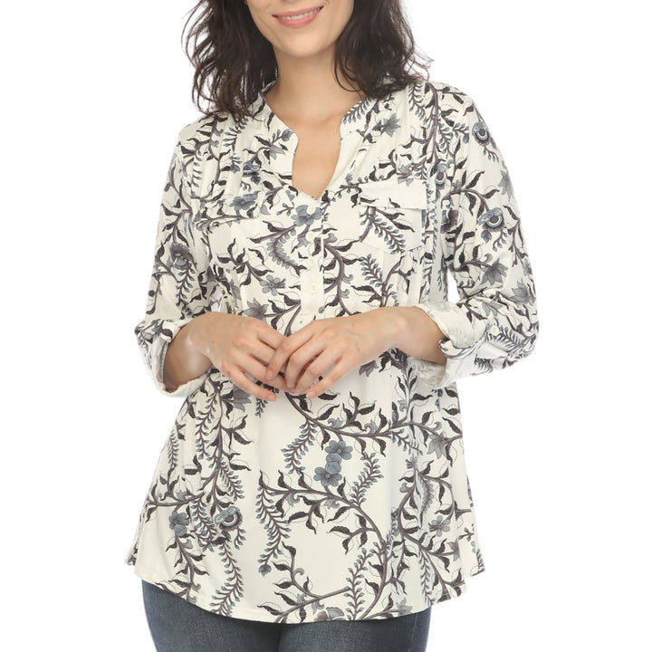 White Mark Womens Floral Button Front Tunic Top Image 2