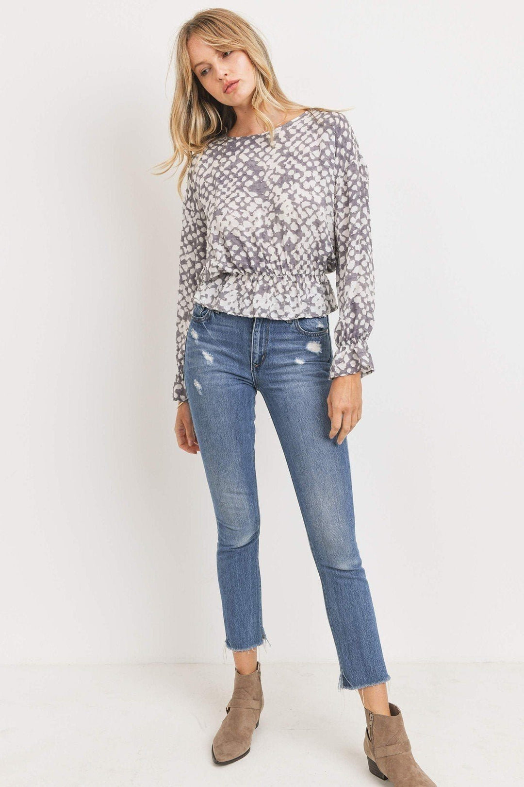 Ruffled Waist Drop Shoulder Long Sleeve Top Image 2