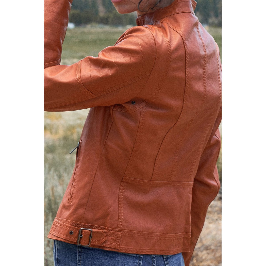 Rust Vegan Leather Long Sleeve Biker Jacket Image 4