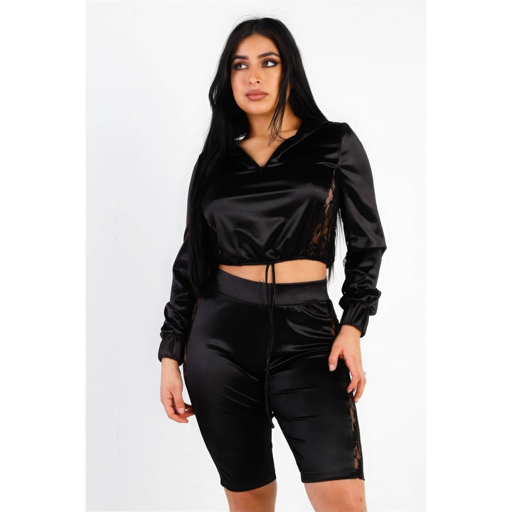 Satin Lace Details Long Sleeve Hooded Crop Top and Biker Short Set Image 1