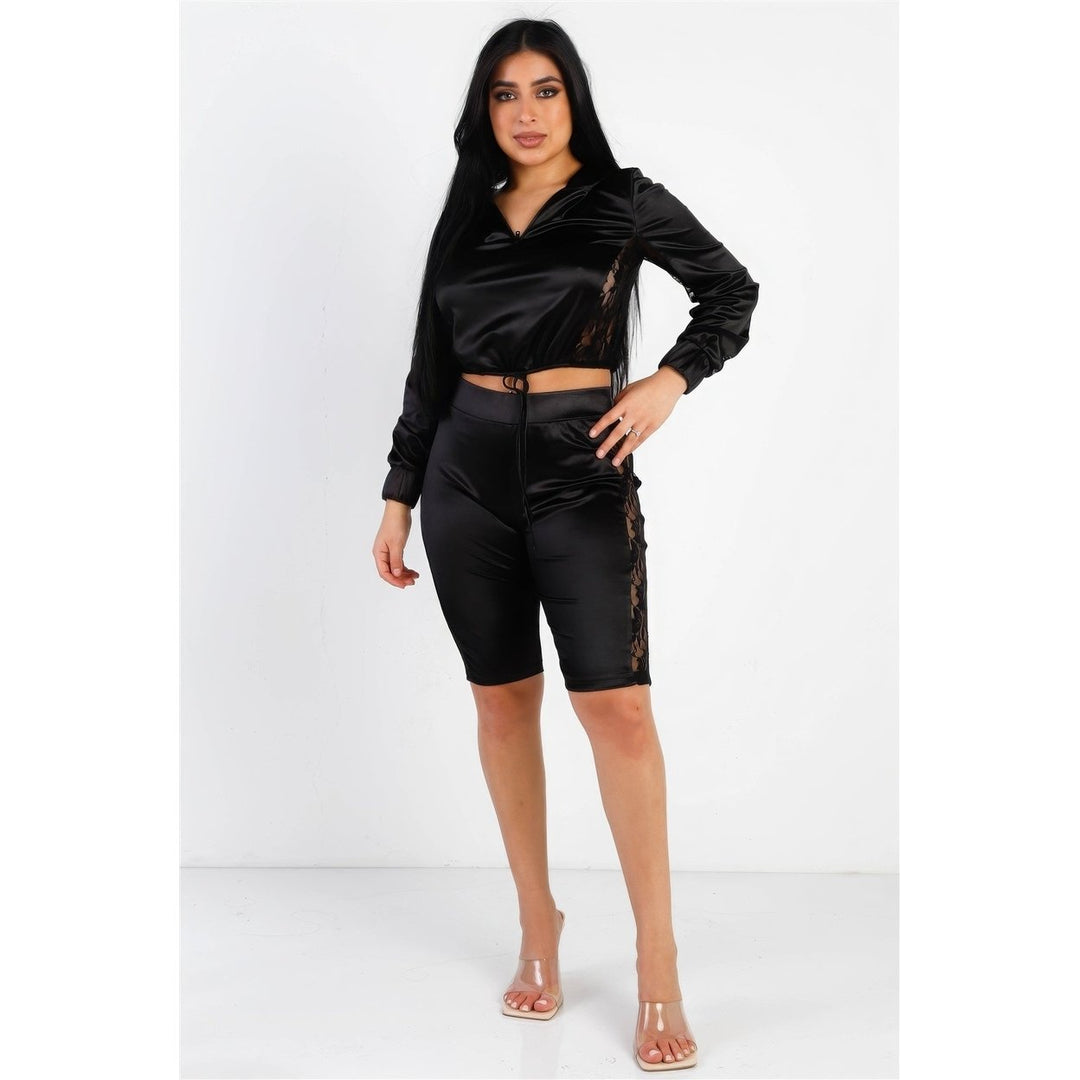 Satin Lace Details Long Sleeve Hooded Crop Top and Biker Short Set Image 2