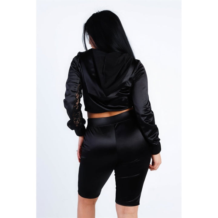 Satin Lace Details Long Sleeve Hooded Crop Top and Biker Short Set Image 3