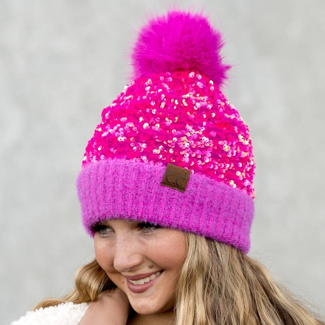 Sequin faux Pom Beanie Adult and Kid Sizes Image 1