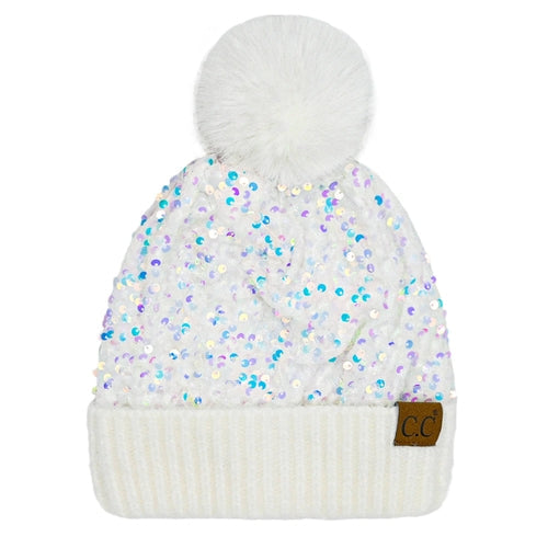 Sequin faux Pom Beanie Adult and Kid Sizes Image 2