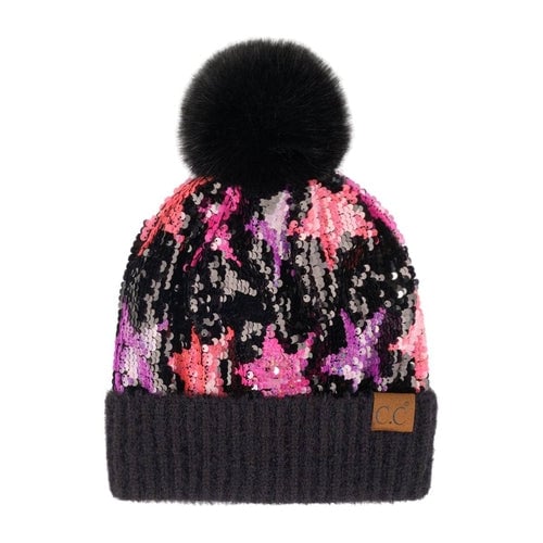 Sequin faux Pom Beanie Adult and Kid Sizes Image 4