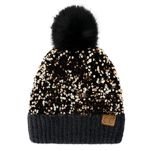 Sequin faux Pom Beanie Adult and Kid Sizes Image 6