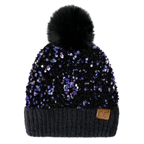 Sequin faux Pom Beanie Adult and Kid Sizes Image 7