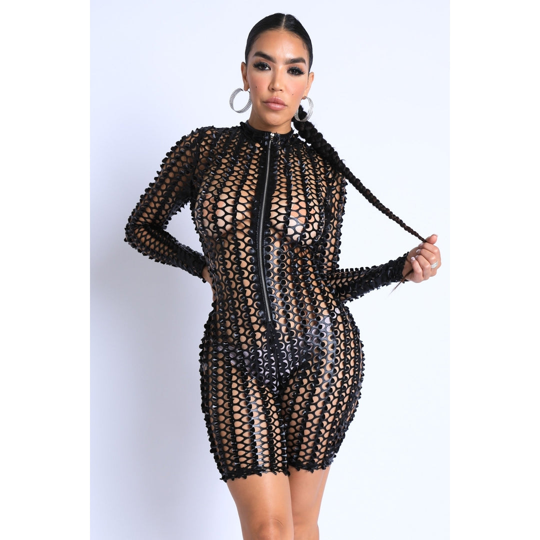 Sexy Club Outfit Romper Long Sleeve Cutting Mesh Bodysuit BLACK Image 1