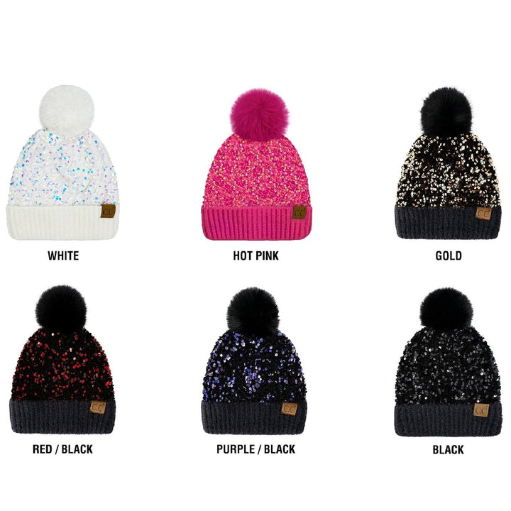 Sequin faux Pom Beanie Adult and Kid Sizes Image 11