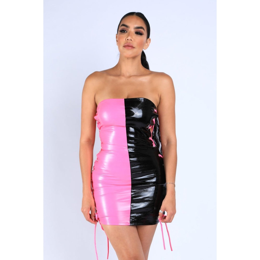 Sexy Color Block Pink Black Side Tie String Tube Mini Dress Party Club Image 1