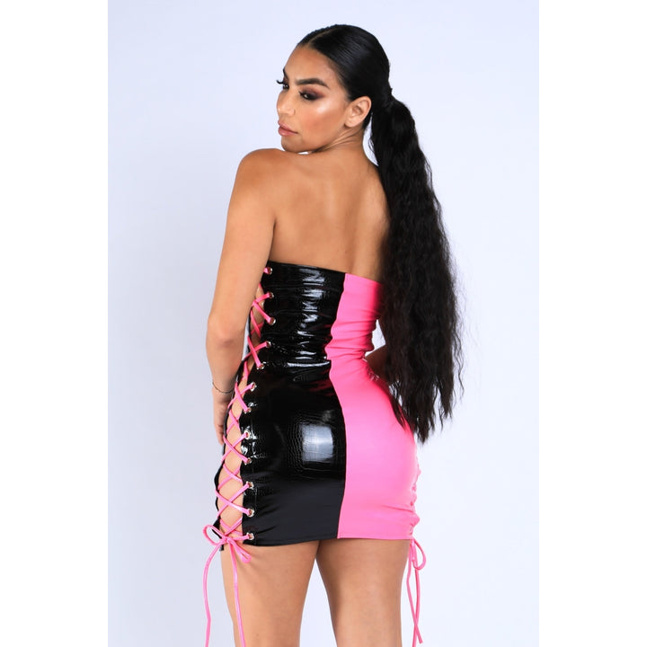 Sexy Color Block Pink Black Side Tie String Tube Mini Dress Party Club Image 2