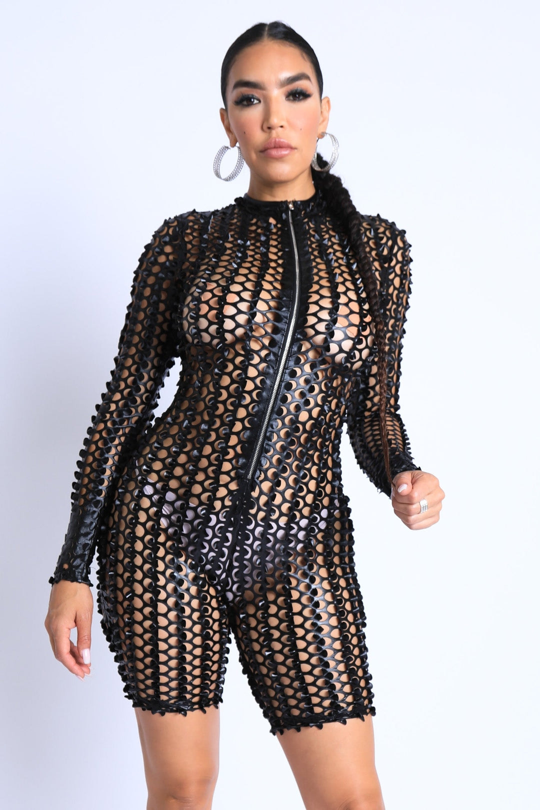 Sexy Club Outfit Romper Long Sleeve Cutting Mesh Bodysuit BLACK Image 4