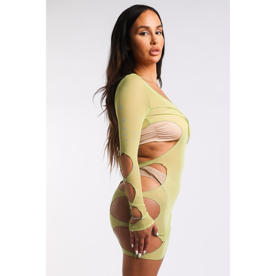 Sexy Cut Out Detailed Long Sleeve Mesh Sheer Dress CHARTREUSE Image 2