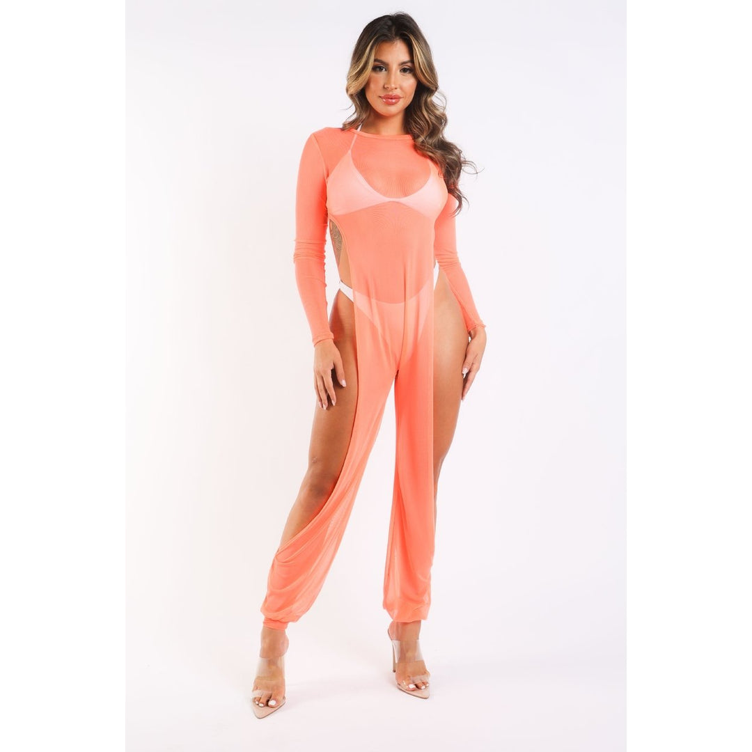 Sexy Mesh Cover Up Jumpsuit Summer Bodycon Beachwear NEON CORAL Image 1