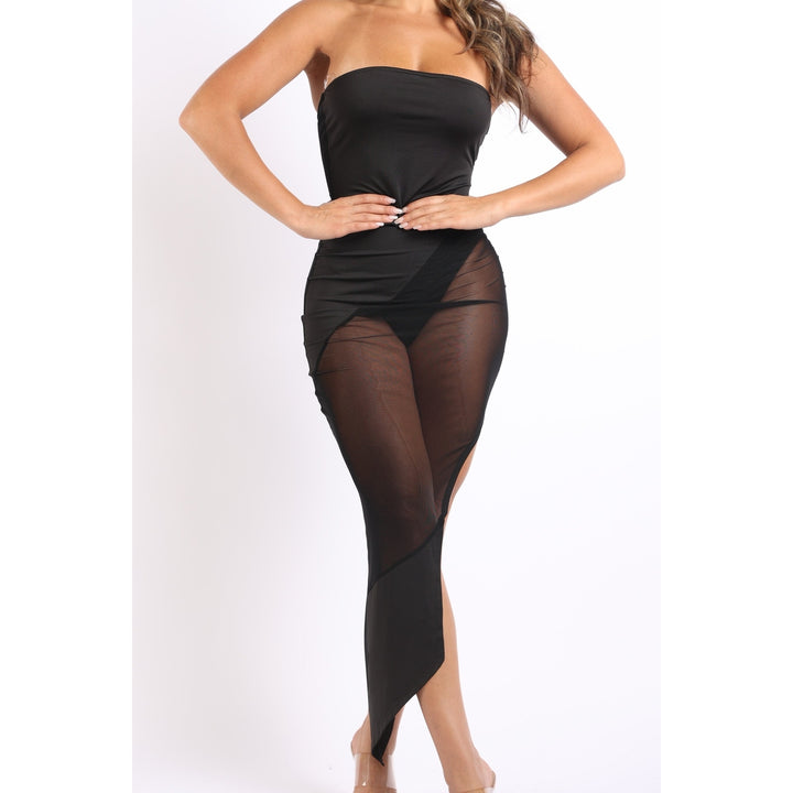 Sexy Off The Shoulder Black Tube Dress Asymmetric With Mesh Contrast Image 2