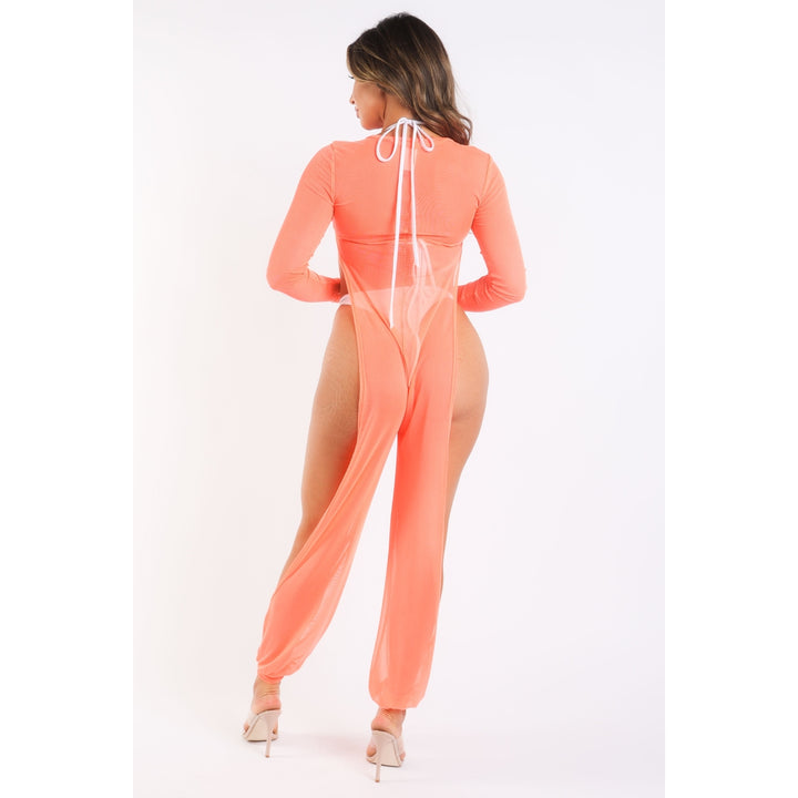 Sexy Mesh Cover Up Jumpsuit Summer Bodycon Beachwear NEON CORAL Image 3