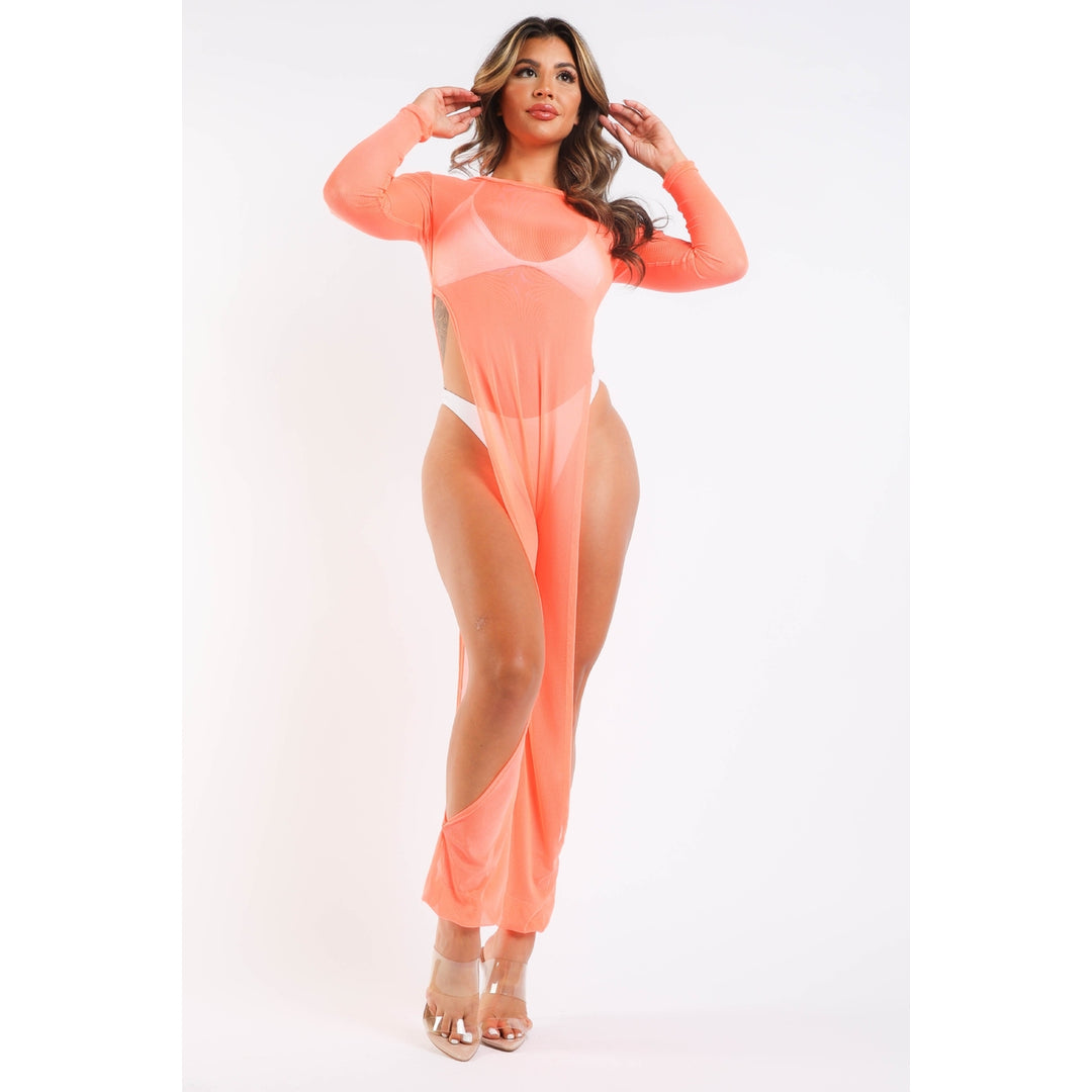 Sexy Mesh Cover Up Jumpsuit Summer Bodycon Beachwear NEON CORAL Image 4