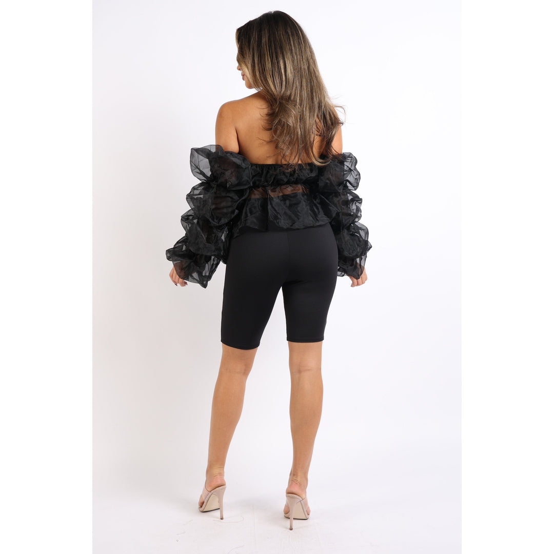 Sexy Organza Sleeve Detailed Top and Matching Shorts 2 Piece Set Black Image 3