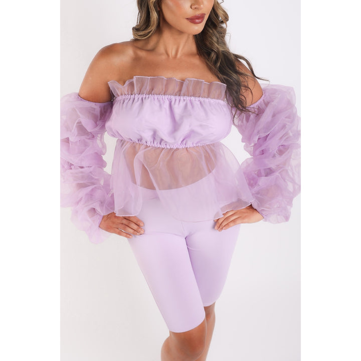 Sexy Organza Sleeve Detailed Top and Matching Shorts 2 Piece Set lavndr Image 1