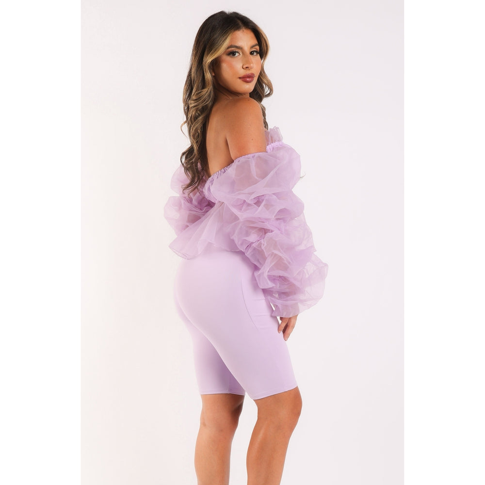 Sexy Organza Sleeve Detailed Top and Matching Shorts 2 Piece Set lavndr Image 2