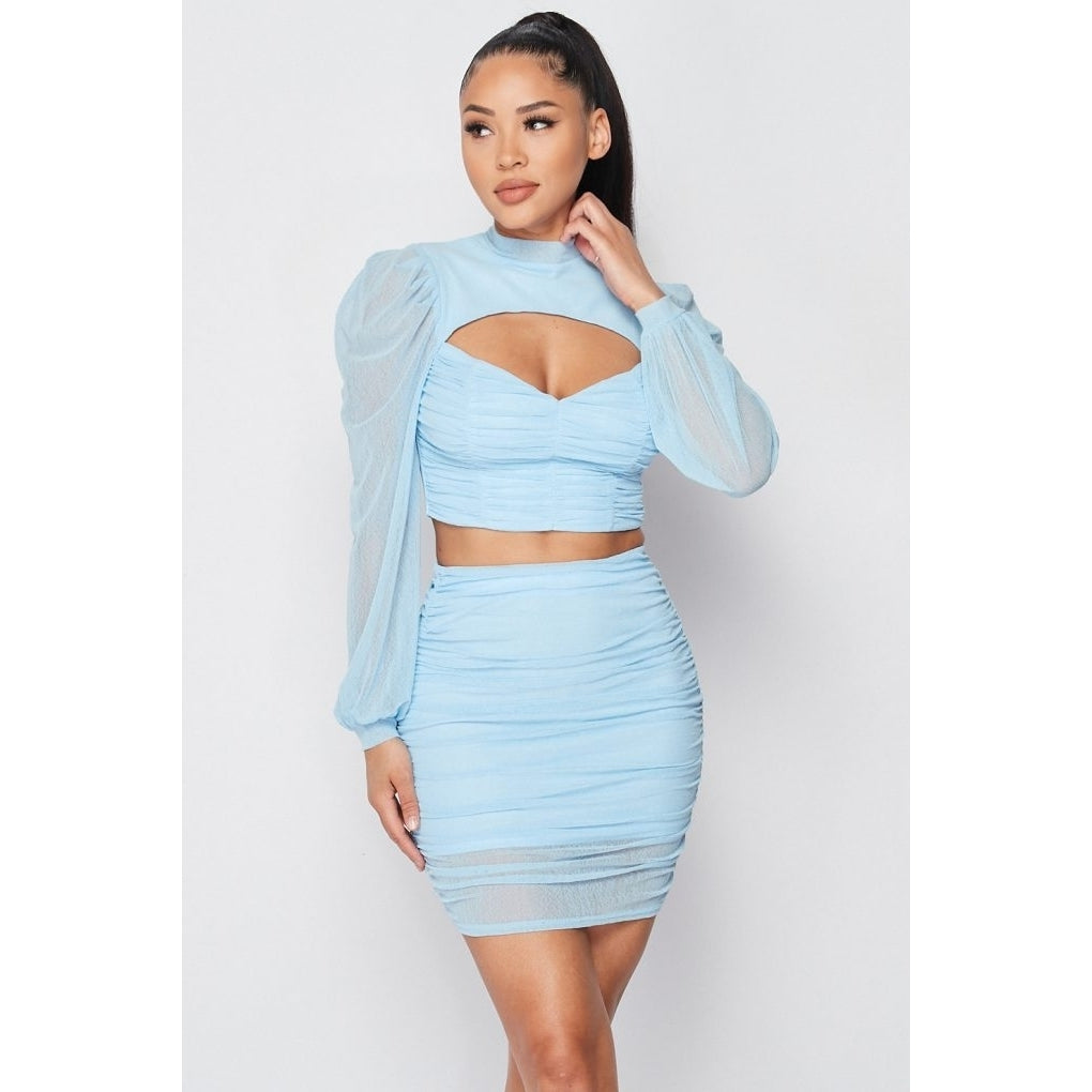 Sexy Sheer Cutout Puff Sleeved Top And Skirt Set Image 1