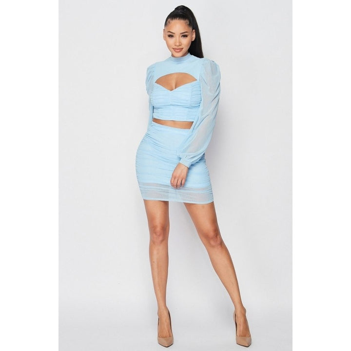 Sexy Sheer Cutout Puff Sleeved Top And Skirt Set Image 2