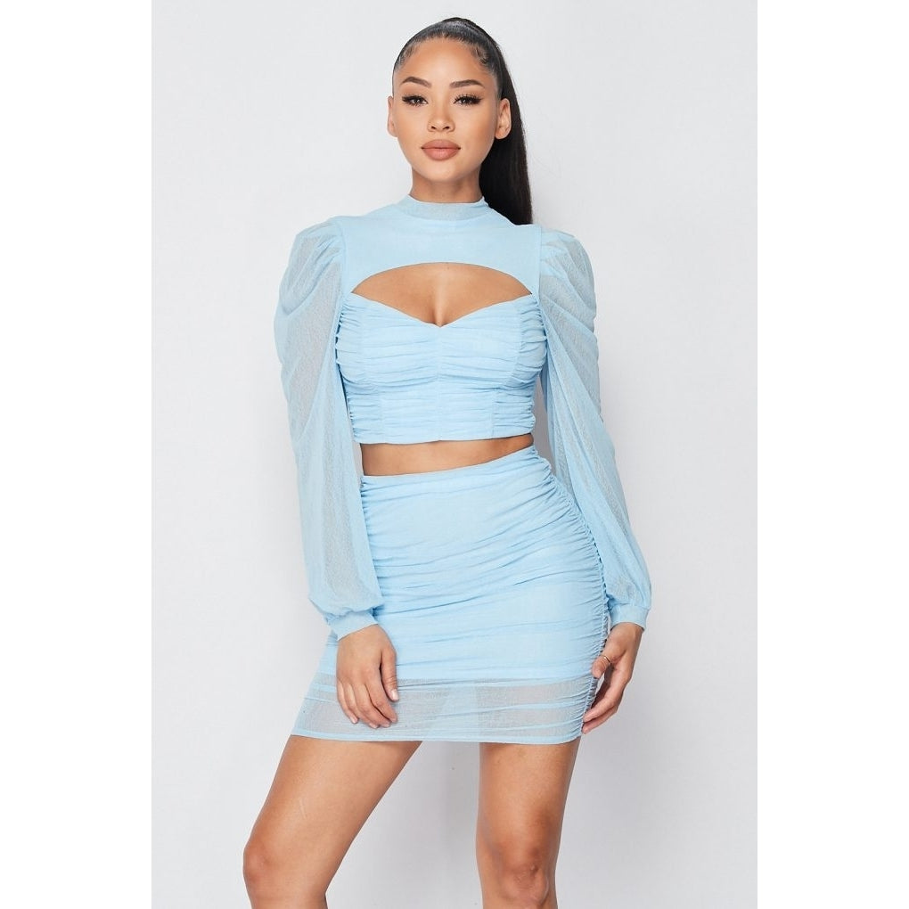 Sexy Sheer Cutout Puff Sleeved Top And Skirt Set Image 3