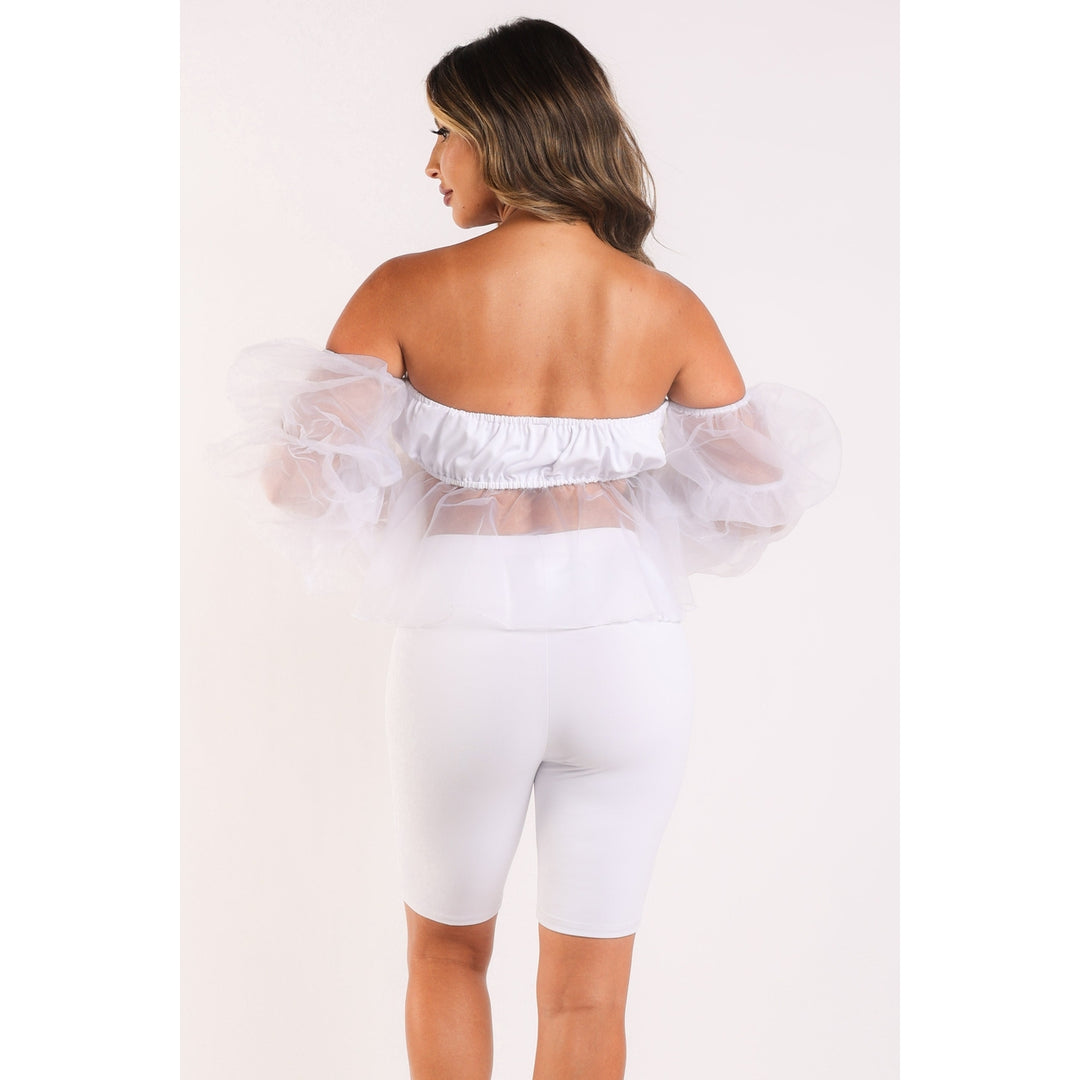 Sexy Organza Sleeve Detailed Top and Matching Shorts 2 Piece Set White Image 3