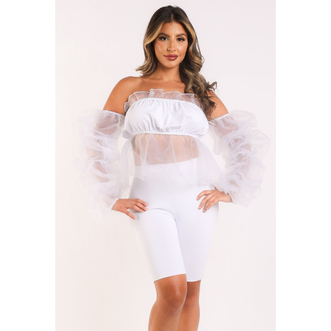 Sexy Organza Sleeve Detailed Top and Matching Shorts 2 Piece Set White Image 4