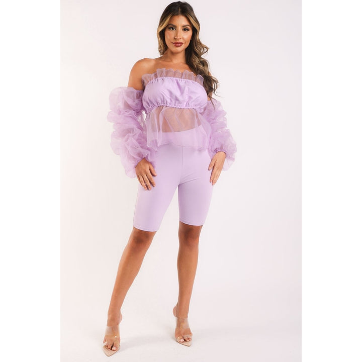 Sexy Organza Sleeve Detailed Top and Matching Shorts 2 Piece Set lavndr Image 6