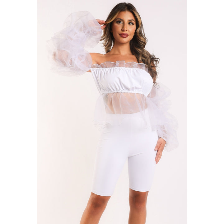 Sexy Organza Sleeve Detailed Top and Matching Shorts 2 Piece Set White Image 6