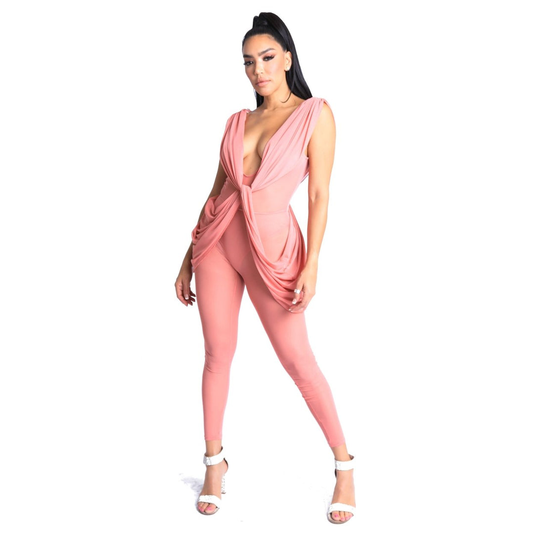 Sexy Sleeveless Lightweight Draped Mesh Jumpsuit Party Clubwear MAUVE Image 1