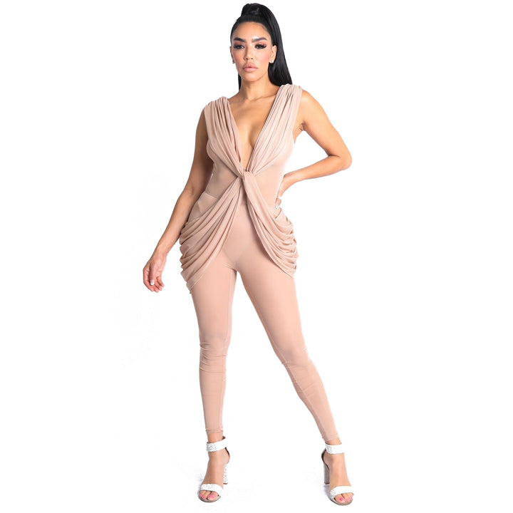 Sexy Sleeveless Lightweight Draped Mesh Jumpsuit Party Clubwear NUDE Image 1