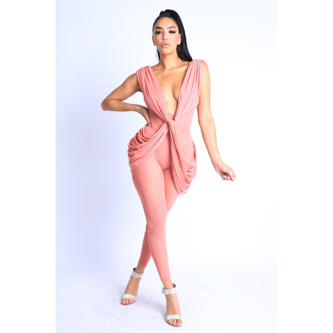 Sexy Sleeveless Lightweight Draped Mesh Jumpsuit Party Clubwear MAUVE Image 3