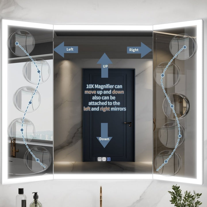 TriFold 54" W x 36" H LED Lighted Tri-Fold Bathroom Mirror Front and Back Lighting with Movable 10X Magnifying Mirror Image 4