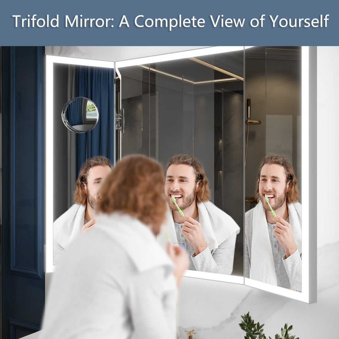 TriFold 54" W x 36" H LED Lighted Tri-Fold Bathroom Mirror Front and Back Lighting with Movable 10X Magnifying Mirror Image 10