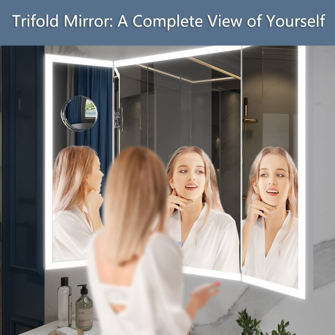 TriFold 54" W x 36" H LED Lighted Tri-Fold Bathroom Mirror Front and Back Lighting with Movable 10X Magnifying Mirror Image 11