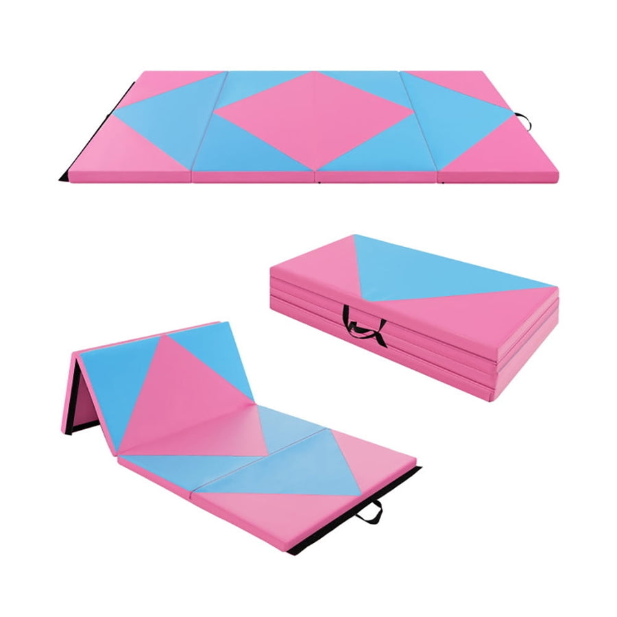 Hommoo Gymnastics Mat Exercise Tumbling Mat,8 Feet PU Leather Folding Gymnastics Mat with Hook and Loop Fasteners-Pink Image 1