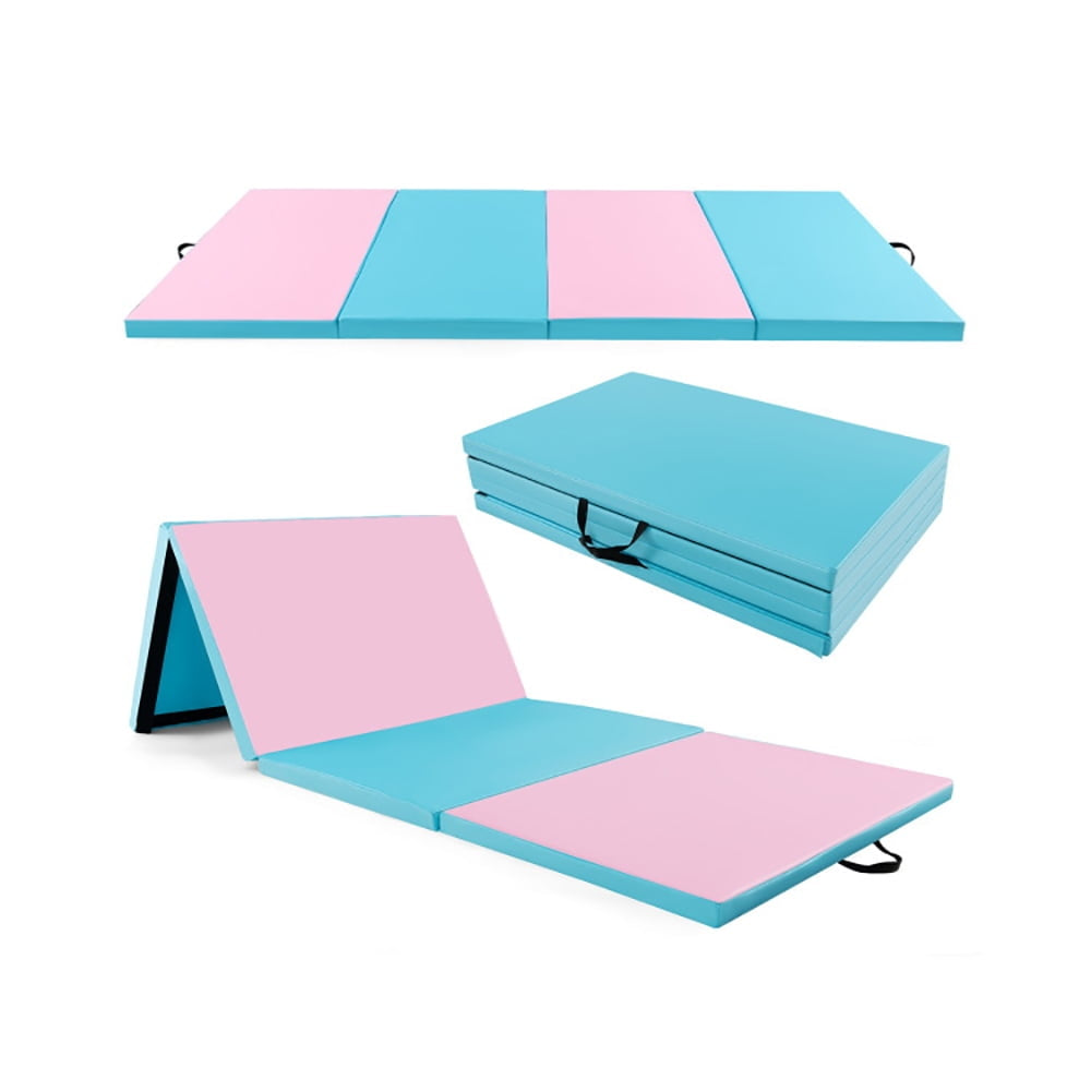 Hommoo Gymnastics Mat Exercise Tumbling Mat,4-Panel PU Leather Folding Exercise Mat with Carrying Handles-Pink and Blue Image 1