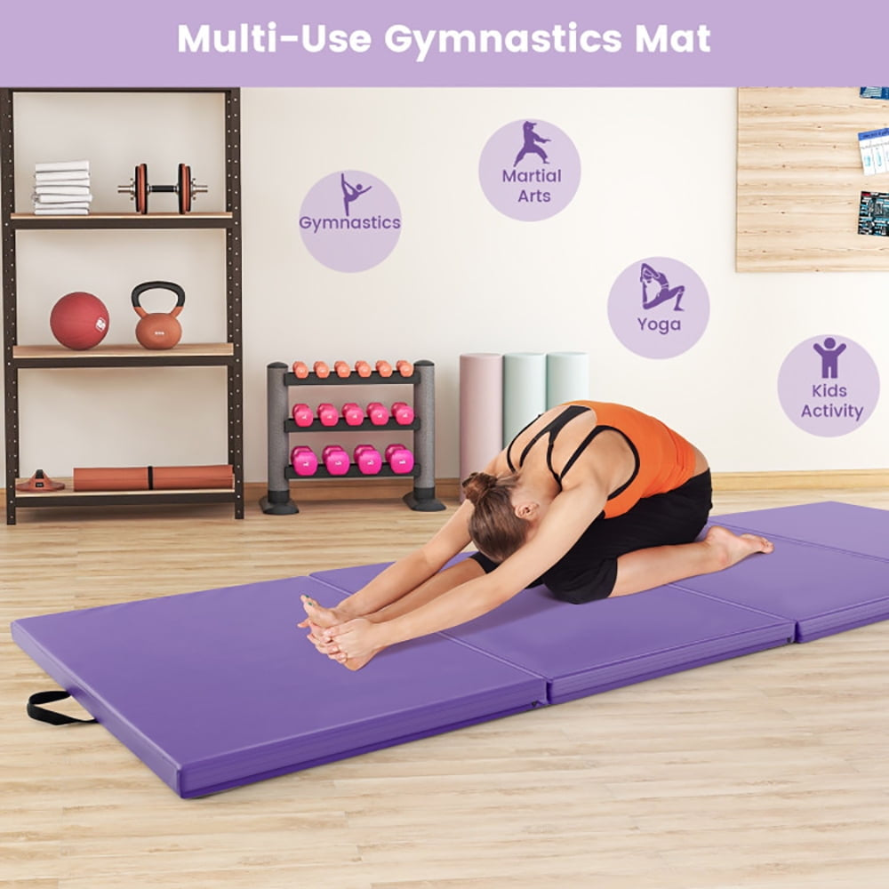 Hommoo Gymnastics Mat Exercise Tumbling Mat,4-Panel PU Leather Folding Exercise Mat with Carrying Handles-Purple Image 3