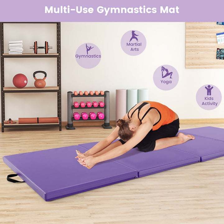 Hommoo Gymnastics Mat Exercise Tumbling Mat,4-Panel PU Leather Folding Exercise Mat with Carrying Handles-Purple Image 3