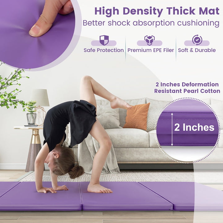 Hommoo Gymnastics Mat Exercise Tumbling Mat,4-Panel PU Leather Folding Exercise Mat with Carrying Handles-Purple Image 4