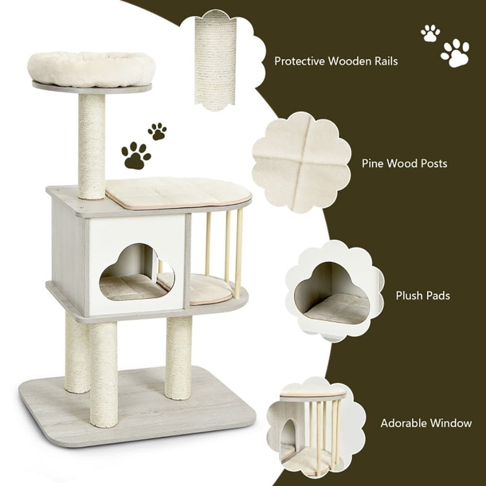 Hommoo Cat Tower Cat Tree for Indoor Cats 46 Inch Wooden Cat Activity Tree with Platform and Cushionsfor for Cats and Image 2